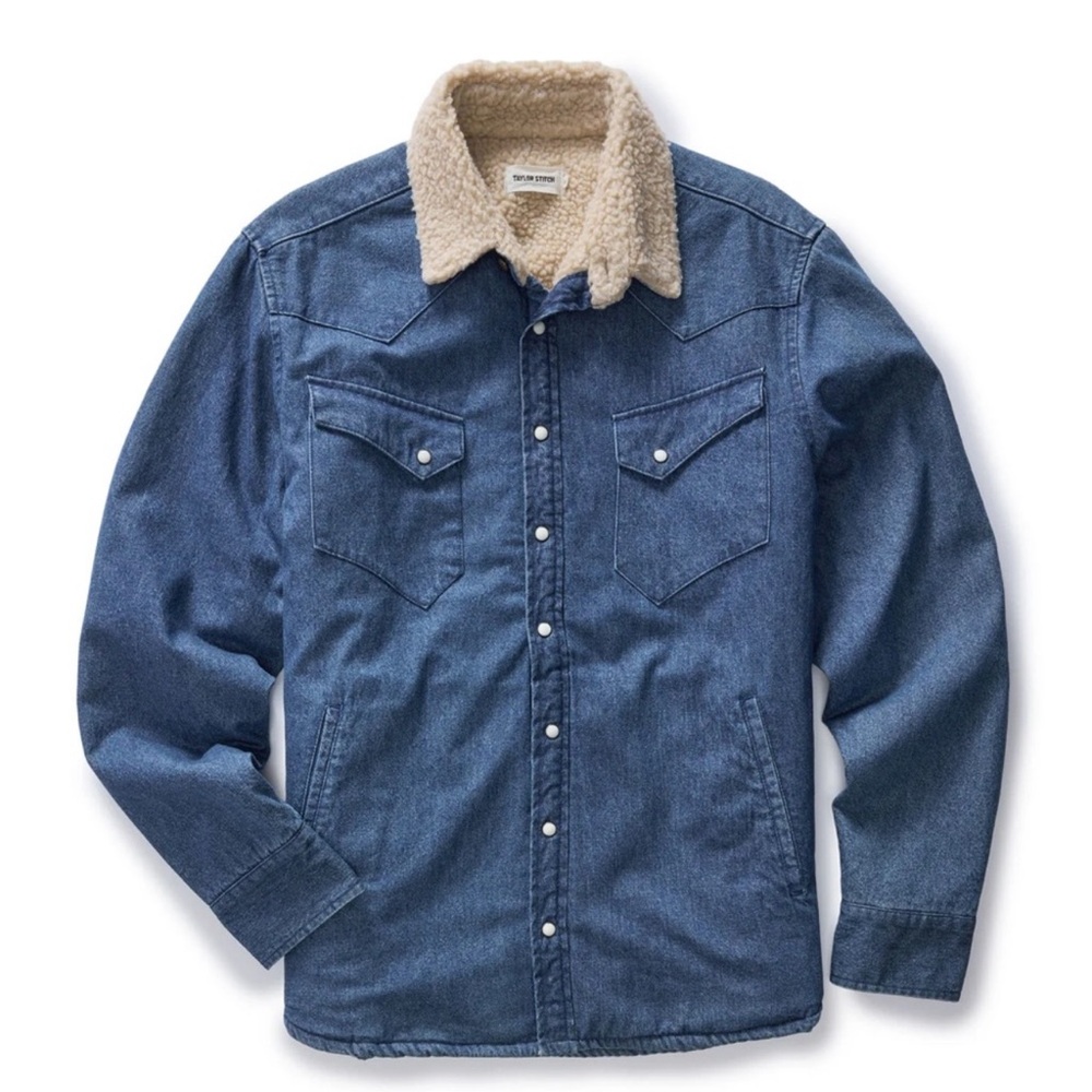 Taylor Stitch Blue Denim Sherpa-Lined Jacket with Cream Collar